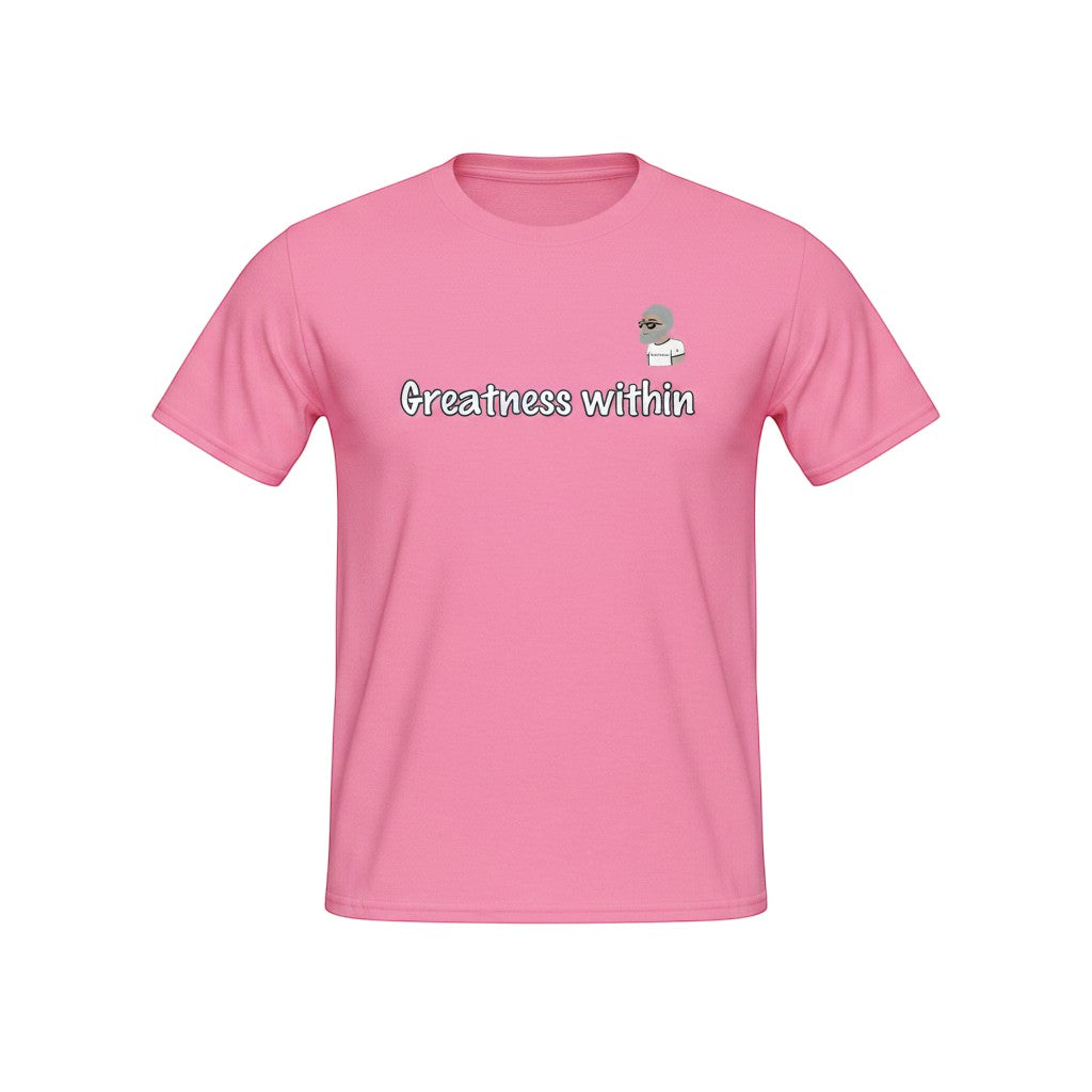 Big Daddy Allen Productions pink 100% cotton kids t-shirt with 'Greatness Within' graphic and BDA logo.
