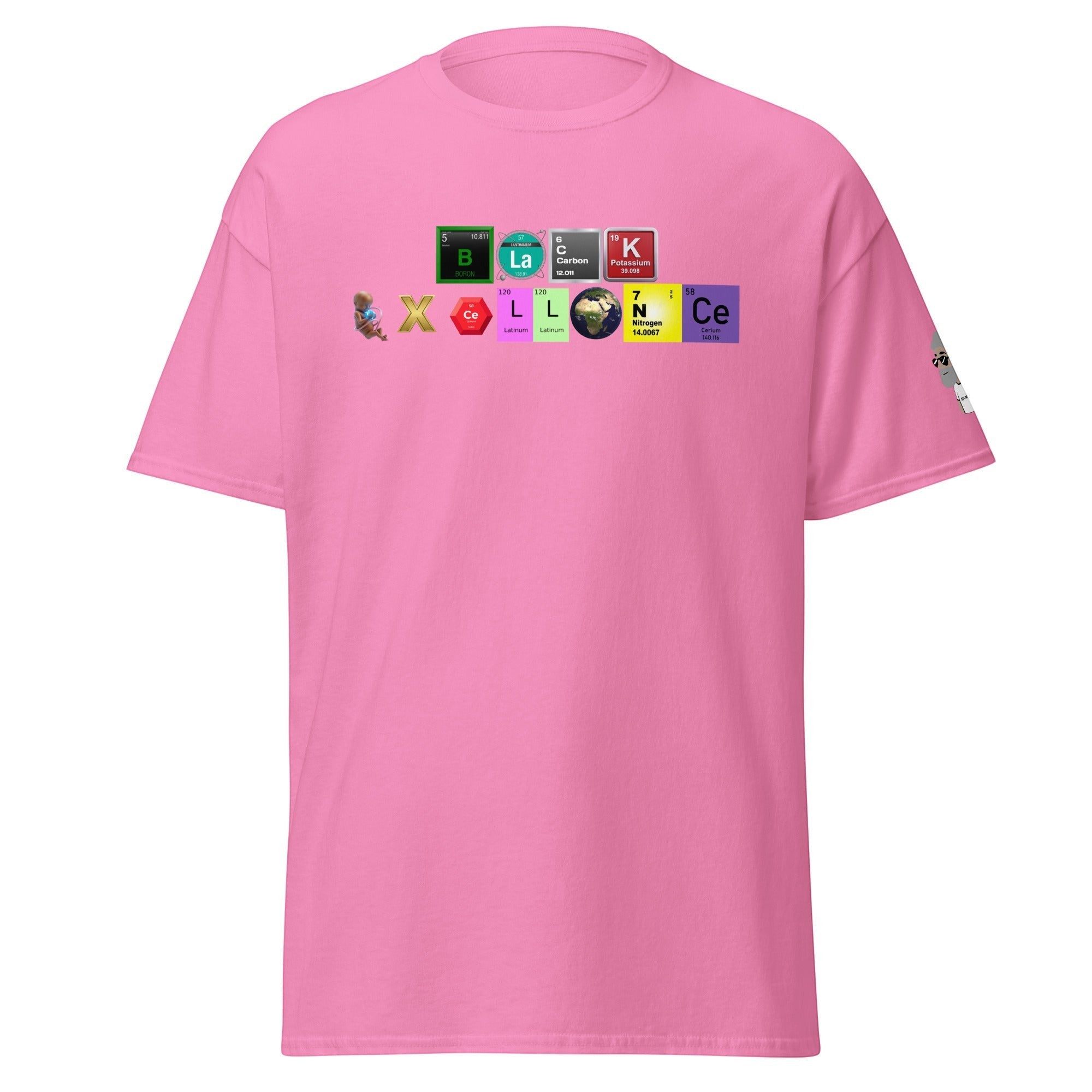 Big Daddy Allen Productions pink graphic t-shirt featuring a periodic table design spelling Black Excellence
