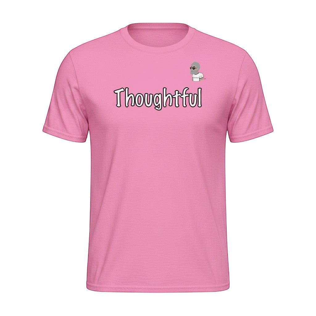 Big Daddy Allen Productions pink 100% cotton unisex t-shirt with "Thoughtful" graphic the BDA logo.