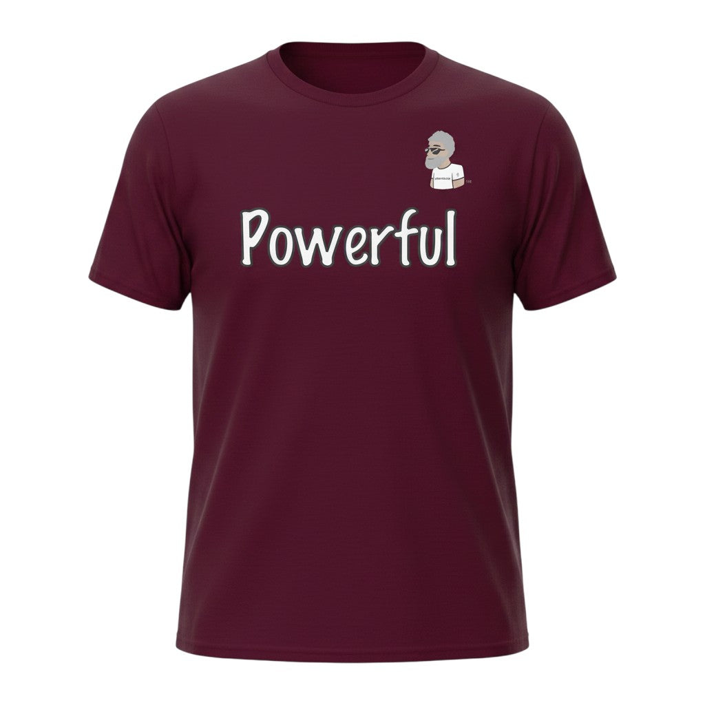 Big Daddy Allen Productions maroon cotton t-shirt with "Powerful" in white font and BDA logo.