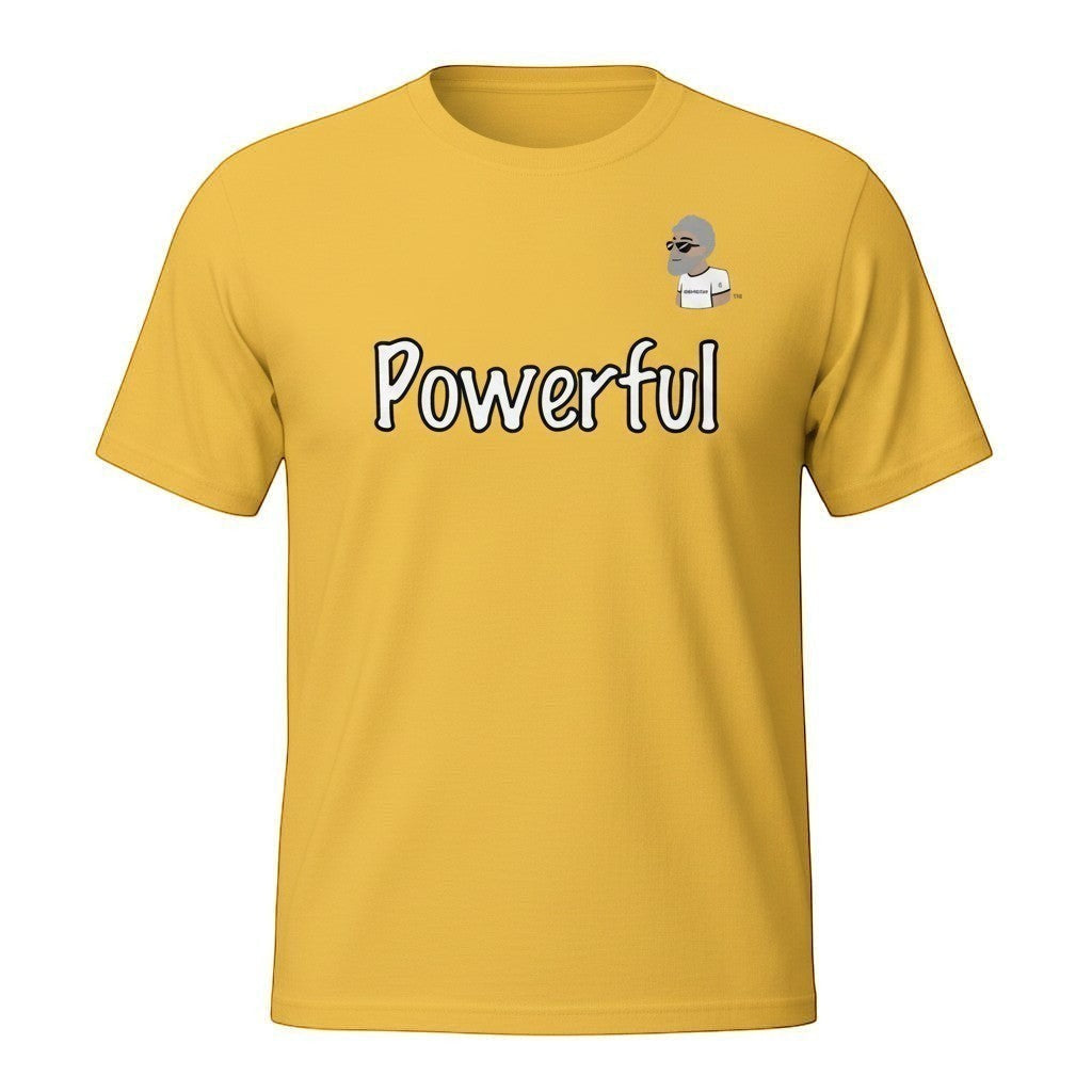 Big Daddy Allen Productions yellow 100% cotton unisex t-shirt with "Powerful" graphic and the BDA logo.