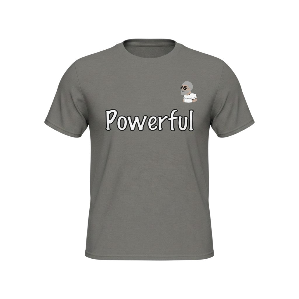Big Daddy Allen Productions grey cotton t-shirt with "Powerful" text graphic and BDA logo. Short sleeves, crew neck.