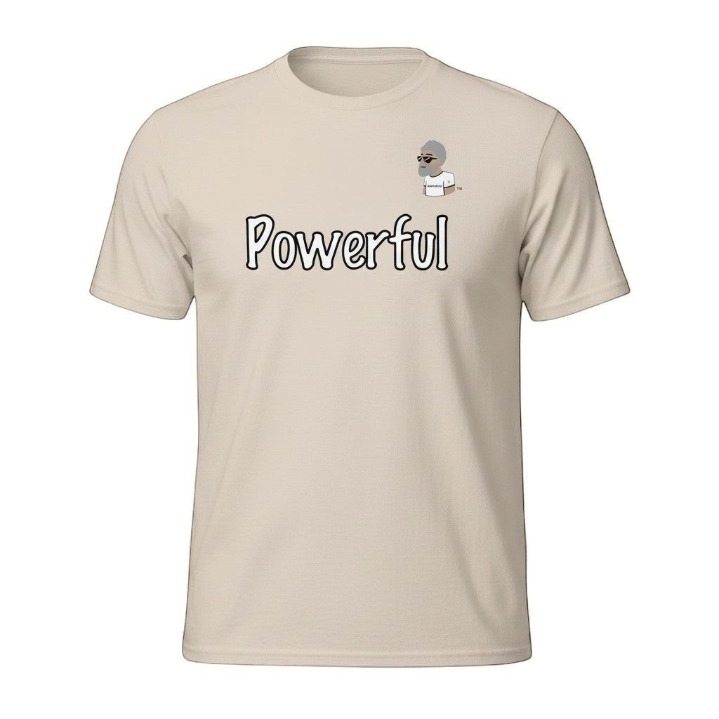 Big Daddy Allen Productions beige 100% cotton unisex t-shirt with "Powerful" graphic and BDA logo.