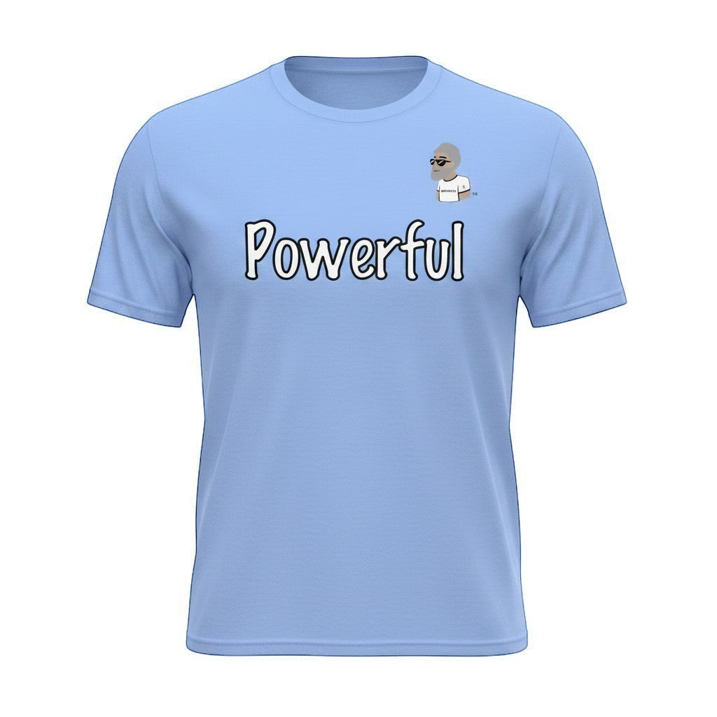 Big Daddy Allen Productions light blue 100% cotton unisex graphic t-shirt with "Powerful" text and the BDA logo.