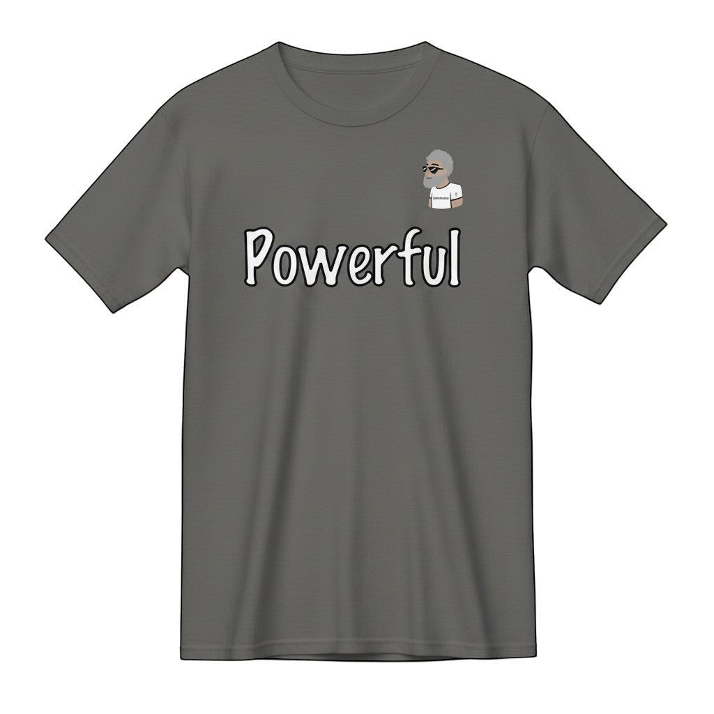 Big Daddy Allen Productions grey 100% cotton unisex t-shirt with "Powerful" graphic and BDA logo.