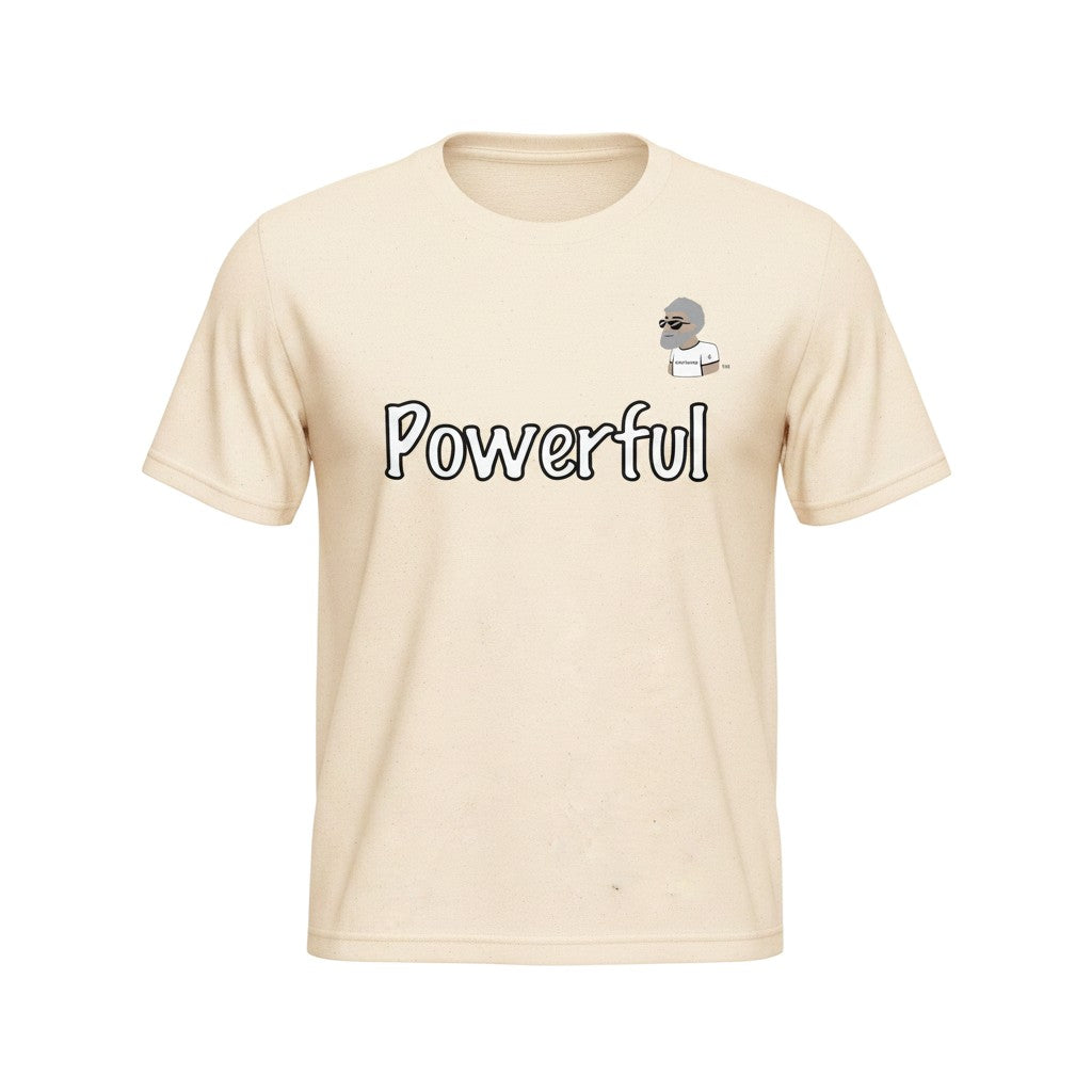 Big Daddy Allen Productions cream cotton t-shirt with "Powerful" graphic and BDA logo. Short sleeves, crew neck.