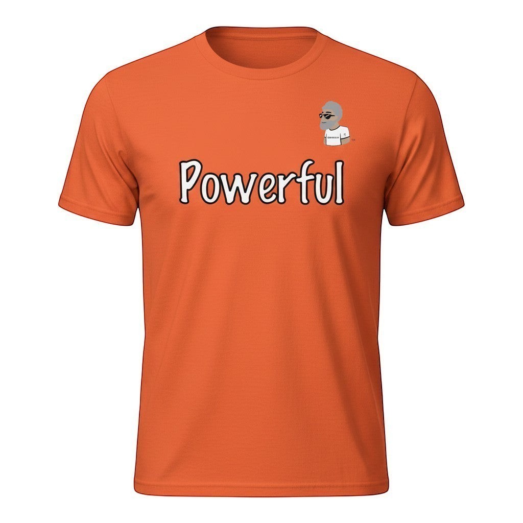 Big Daddy Allen Productions orange 100% cotton t-shirt with "Powerful" graphic and BDA logo.