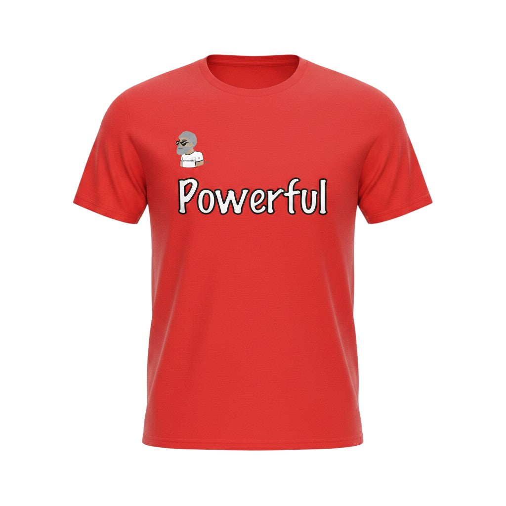 Big Daddy Allen Productions red cotton t-shirt with "Powerful" text graphic and BDA logo. Short sleeves, crew neck.