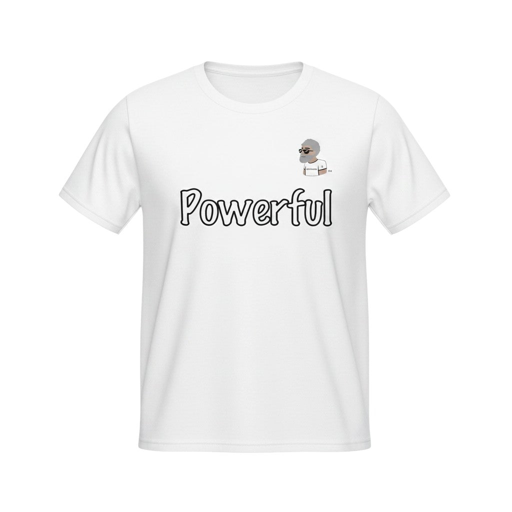 Big Daddy Allen Productions white cotton t-shirt with "Powerful" text graphic and BDA logo.