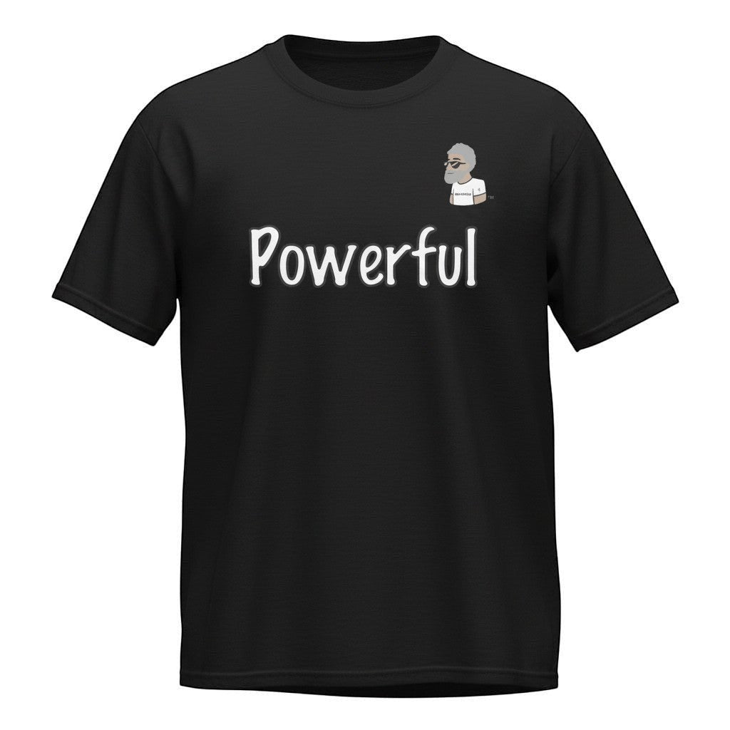 Big Daddy Allen Productions black 100% cotton t-shirt with "Powerful" graphic and BDA logo.