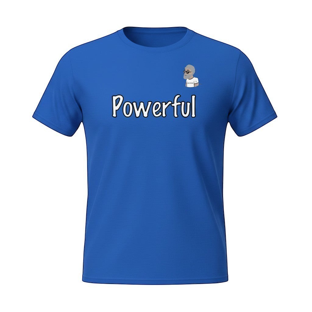 Big Daddy Allen Productions blue 100% cotton unisex t-shirt with "Powerful" graphic and the BDA logo.