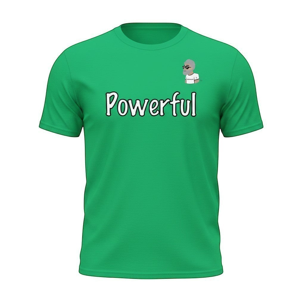 Big Daddy Allen Productions green 100% cotton t-shirt with "Powerful" graphic and the BDA logo.