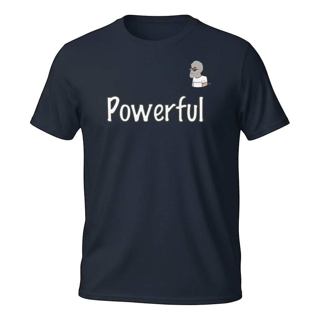 Big Daddy Allen Productions navy blue 100% cotton t-shirt with white "Powerful" graphic and the BDA logo.