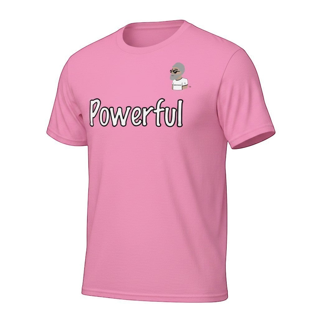 Big Daddy Allen Productions pink 100% cotton unisex t-shirt with "Powerful" graphic and the BDA logo.
