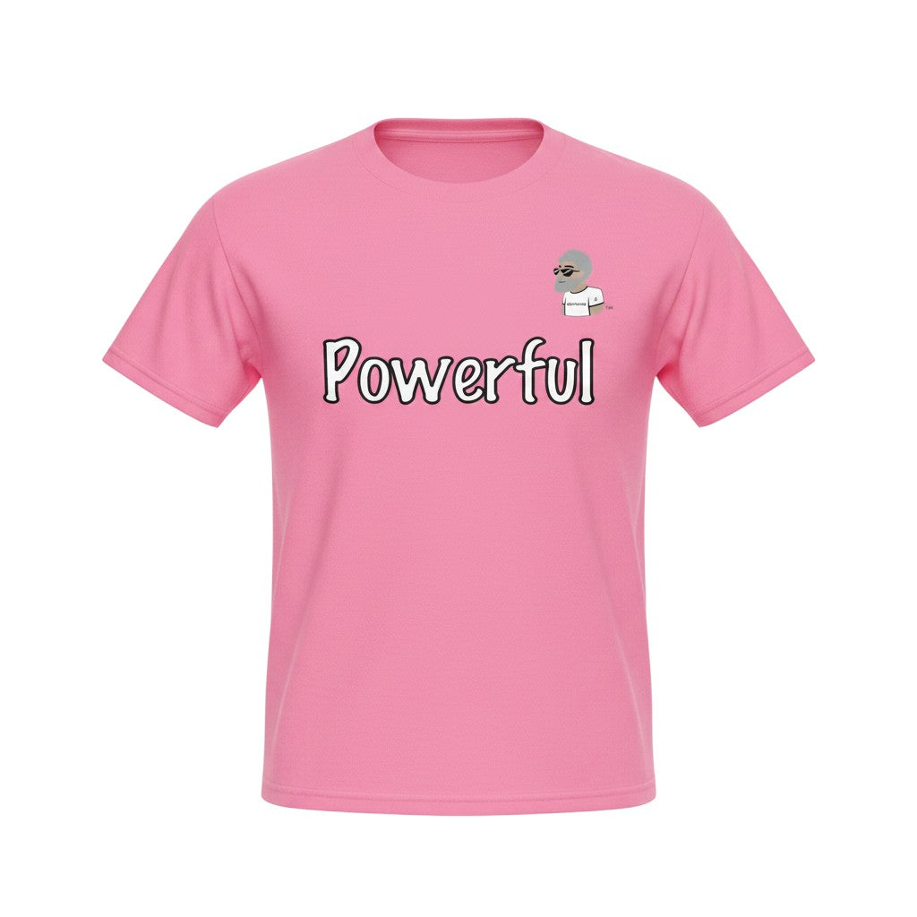 Big Daddy Allen Productions pink cotton t-shirt with "Powerful" graphic and BDA logo. Short sleeves, crew neck.