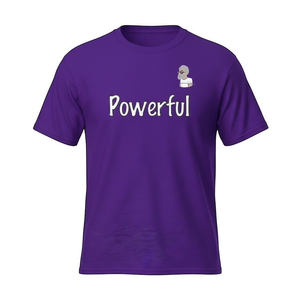 Big Daddy Allen Productions purple 100% cotton t-shirt with "Powerful" graphic and BDA logo.