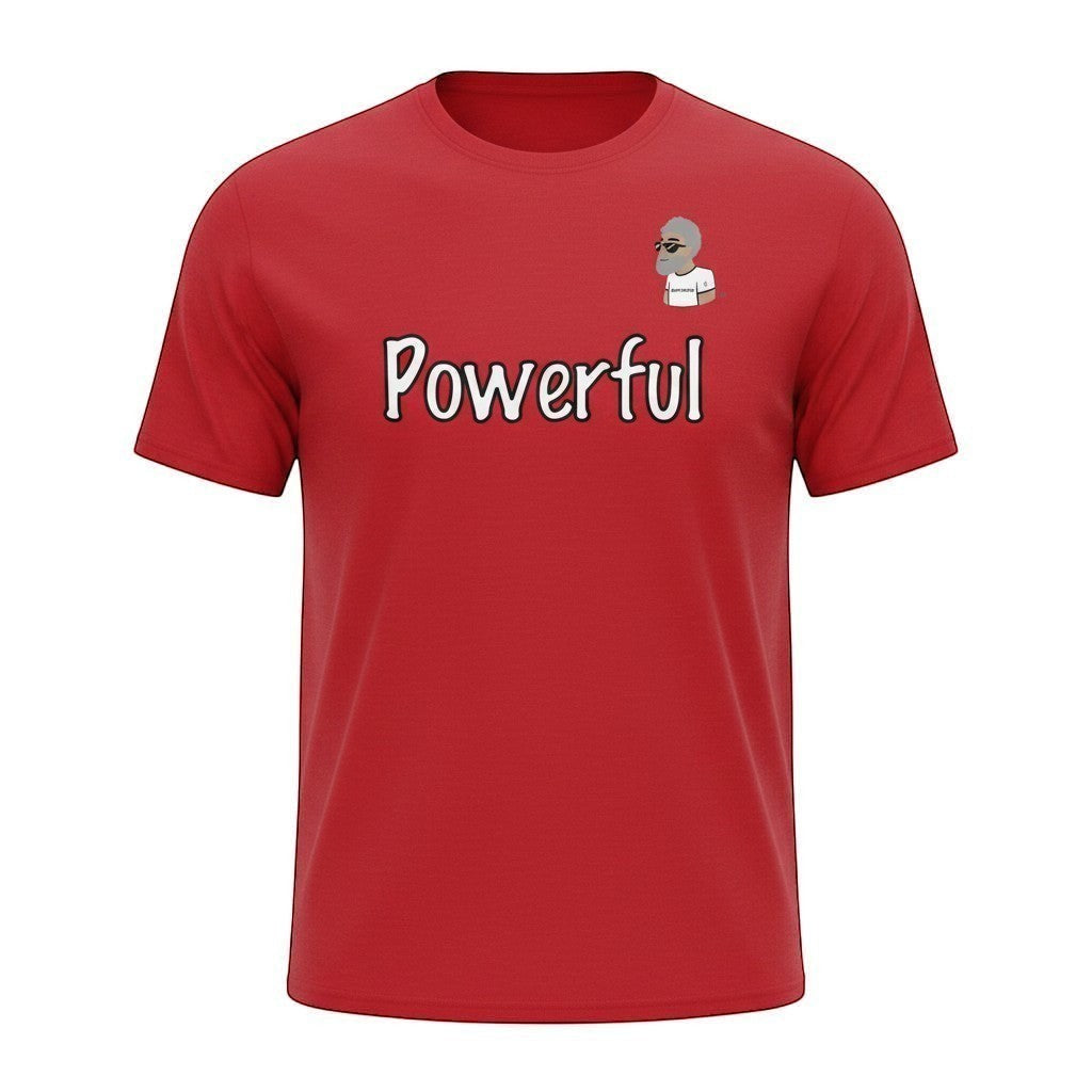 Big Daddy Allen Productions red 100% cotton t-shirt with "Powerful" graphic and the BDA logo.