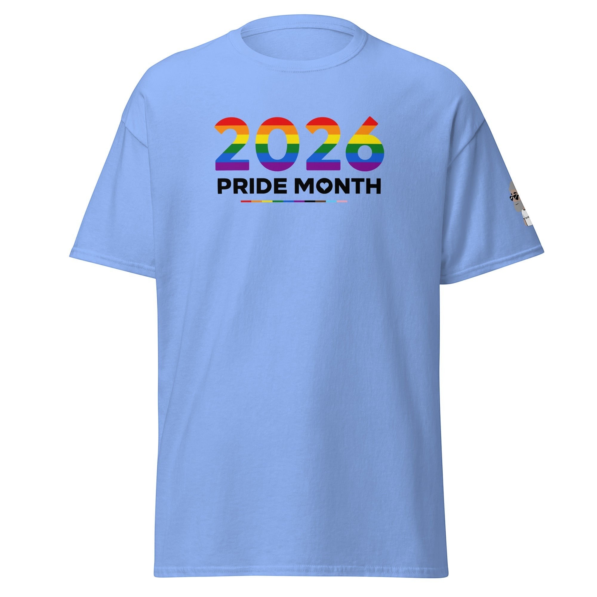 Big Daddy Allen Productions light blue cotton t-shirt with "2026 PRIDE MONTH" graphic in rainbow colors.
