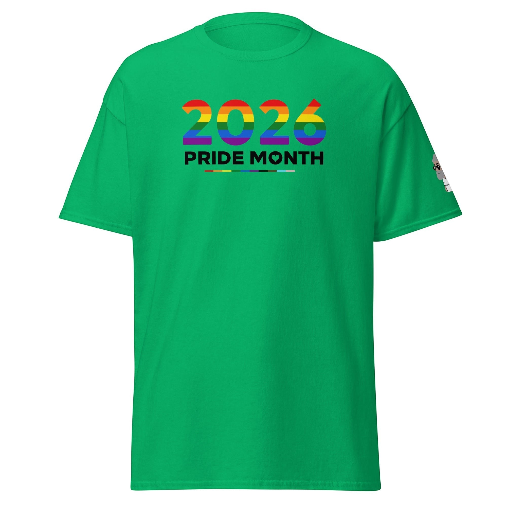 Big Daddy Allen Productions green cotton t-shirt with rainbow pride flag graphic "2026 PRIDE MONTH"