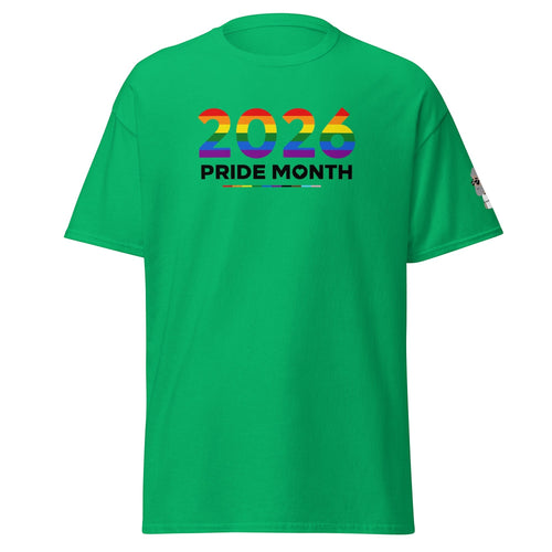 Big Daddy Allen Productions green cotton t-shirt with rainbow pride flag graphic "2026 PRIDE MONTH"