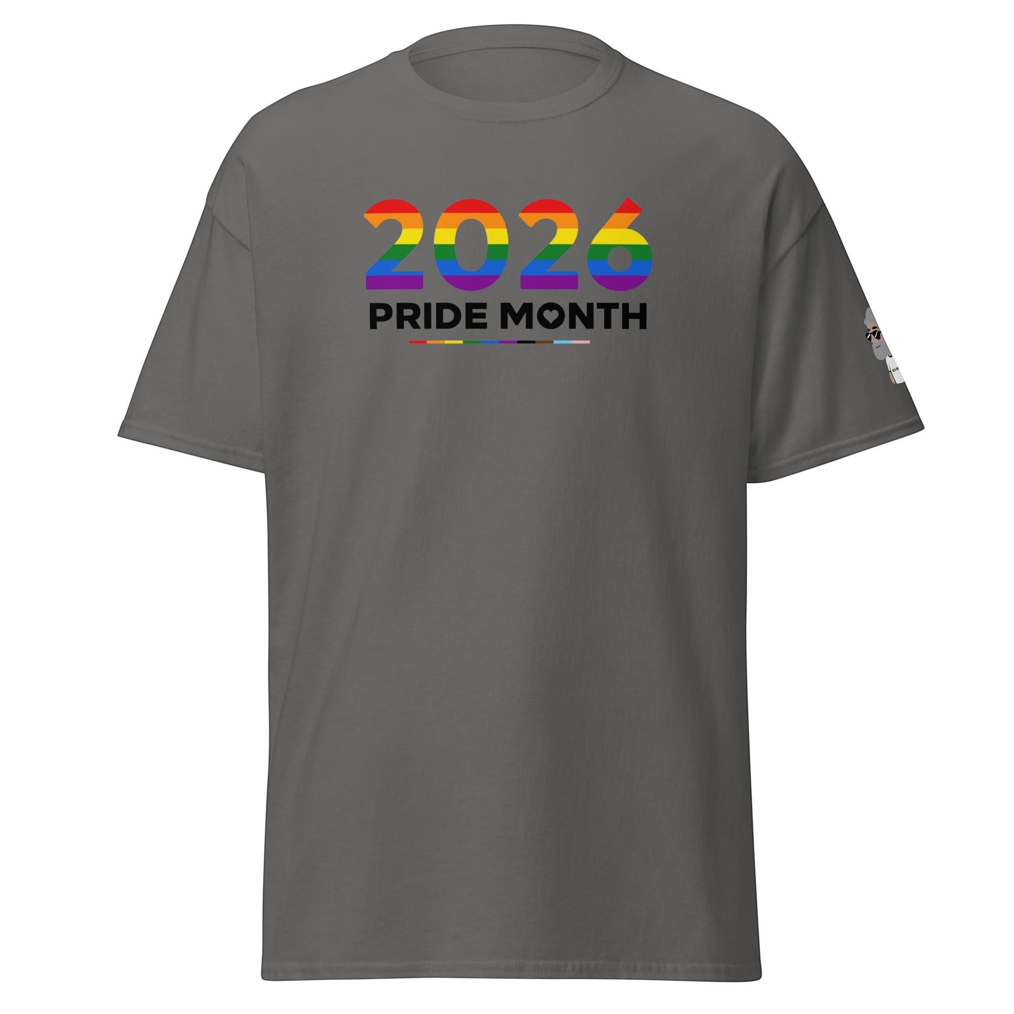Big Daddy Allen Productions grey cotton t-shirt with "2026" in rainbow pride colors above "PRIDE MONTH" text.