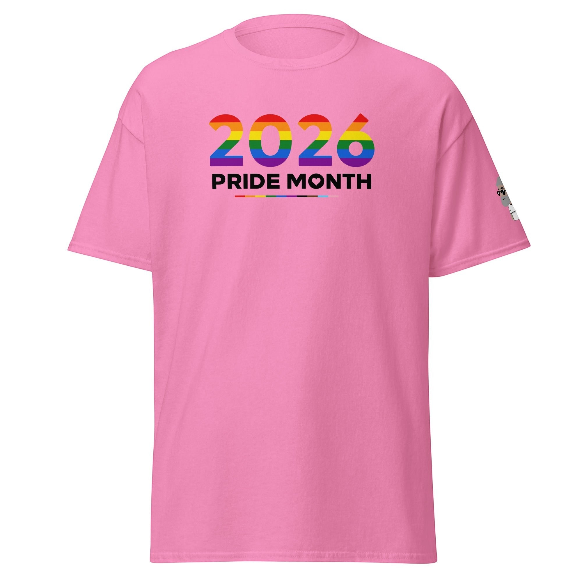 Big Daddy Allen Productions pink cotton t-shirt with "2026 PRIDE MONTH" graphic featuring rainbow flag colors.