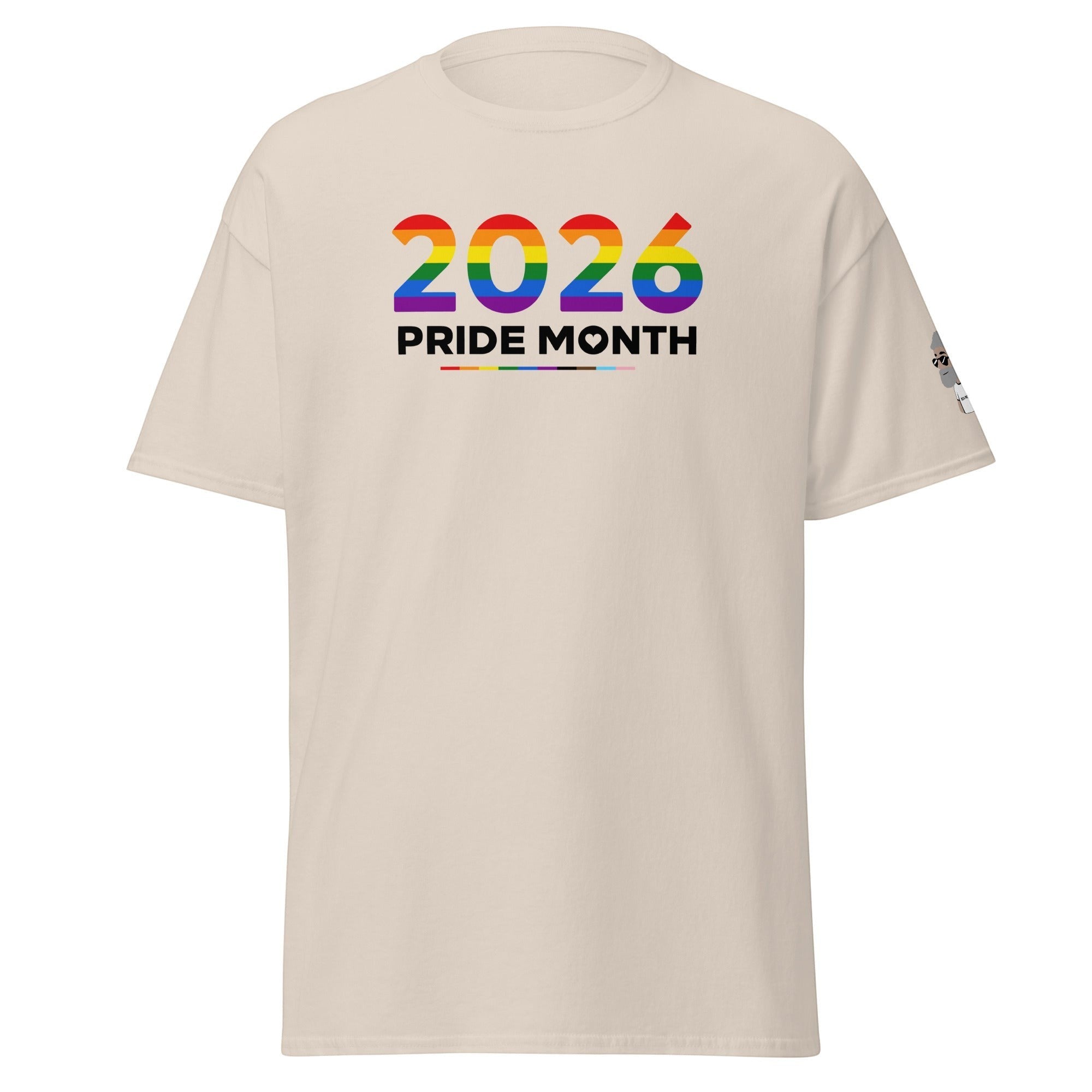 Big Daddy Allen Productions 2026 Pride Month graphic t-shirt with rainbow flag colors and "PRIDE MONTH" text on a beige cotton tee.