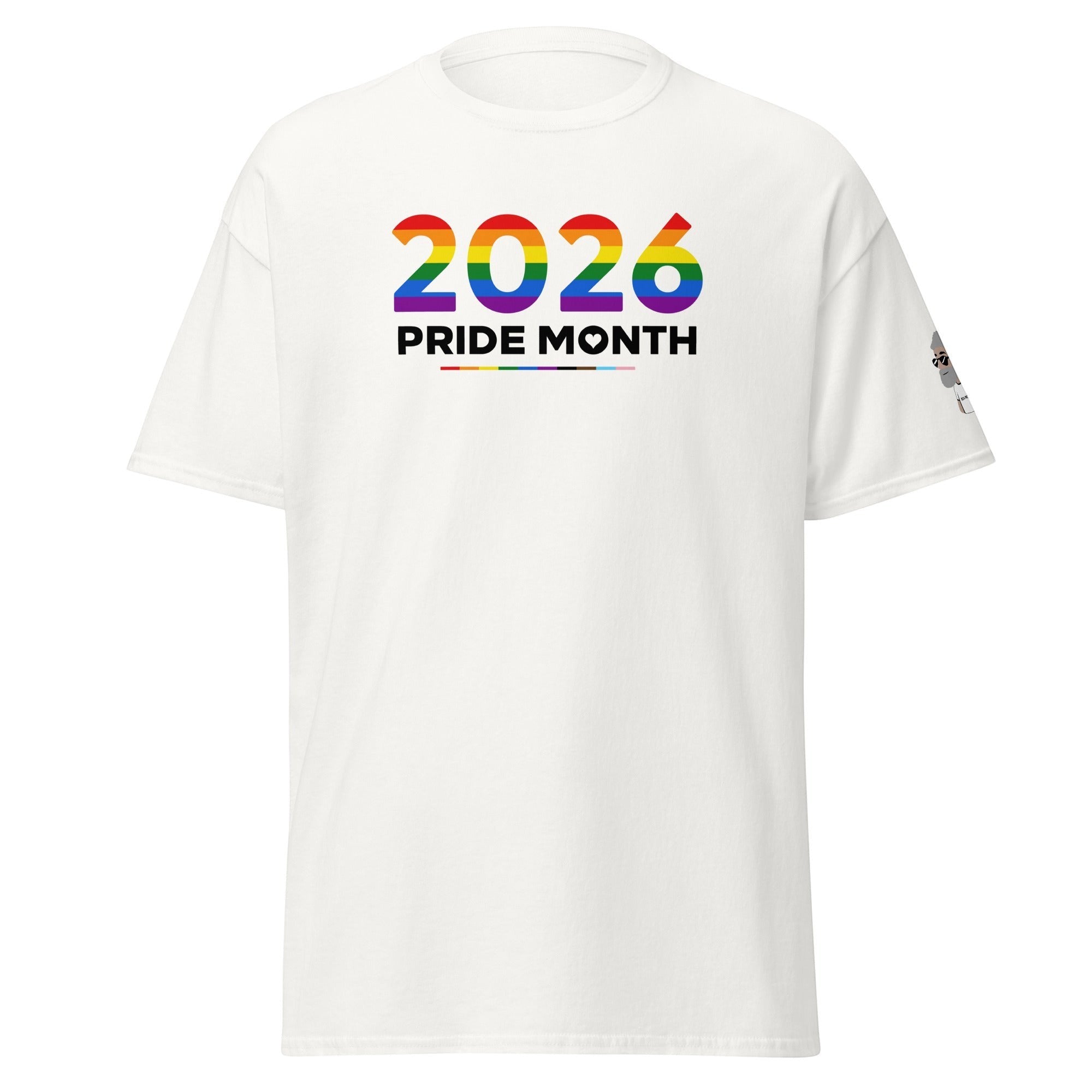 Big Daddy Allen Productions white cotton t-shirt with "2026 PRIDE MONTH" graphic featuring rainbow flag colors.