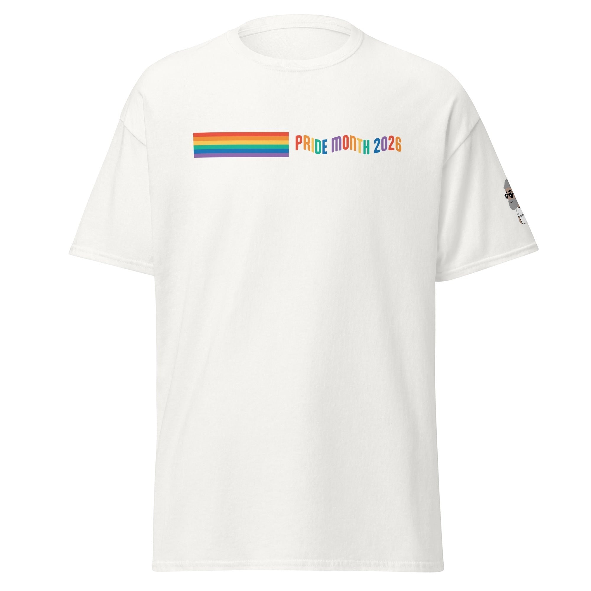 Big Daddy Allen Productions white cotton t-shirt with rainbow stripes and "Pride Month 2026" graphic.