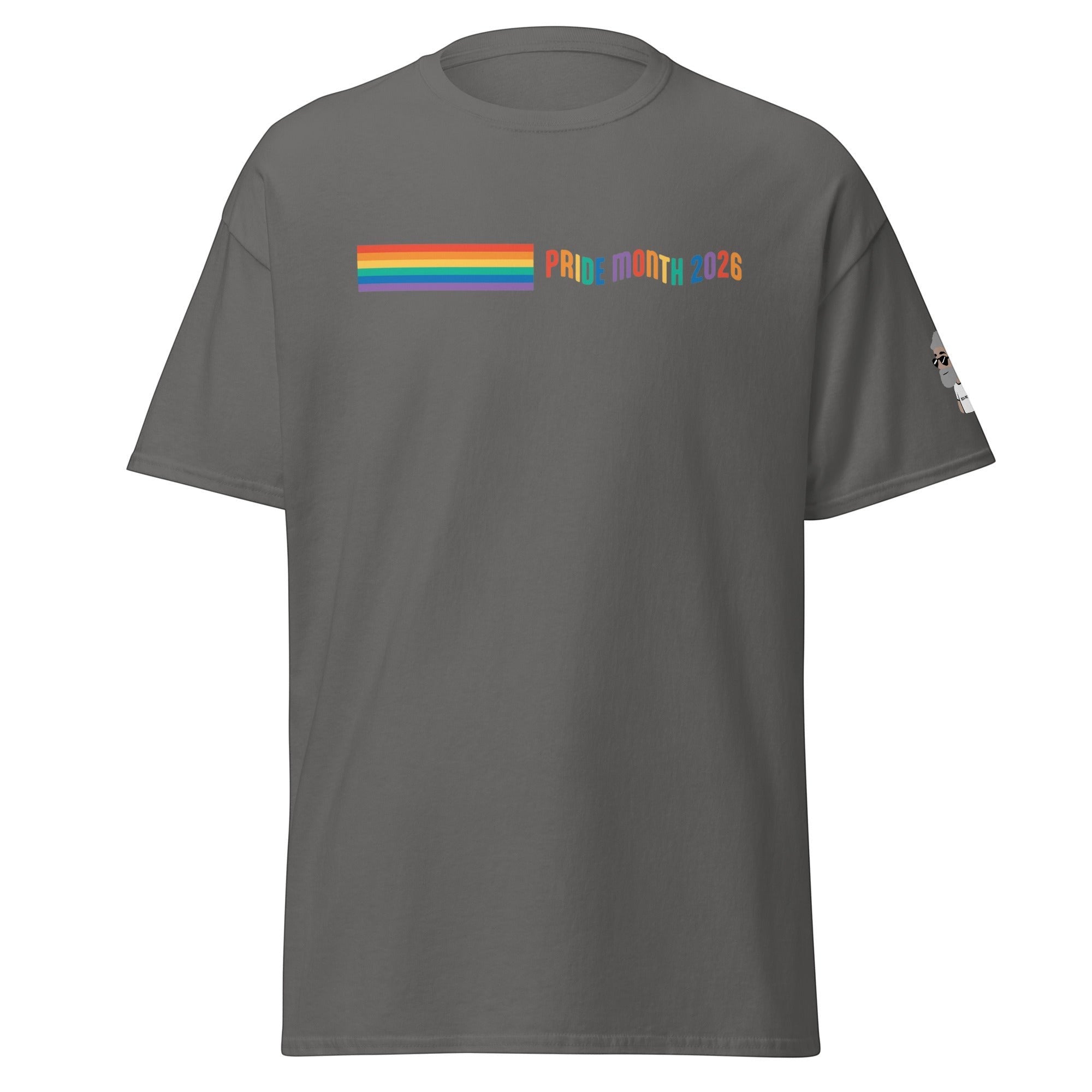 Big Daddy Allen Productions charcoal cotton t-shirt with rainbow stripe and "Pride Month 2026" text.