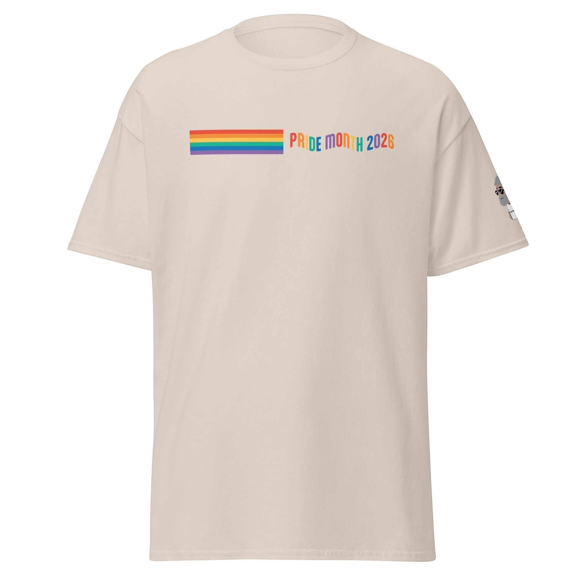Big Daddy Allen Productions cream cotton t-shirt with rainbow stripe and "Pride Month 2026" text graphic.