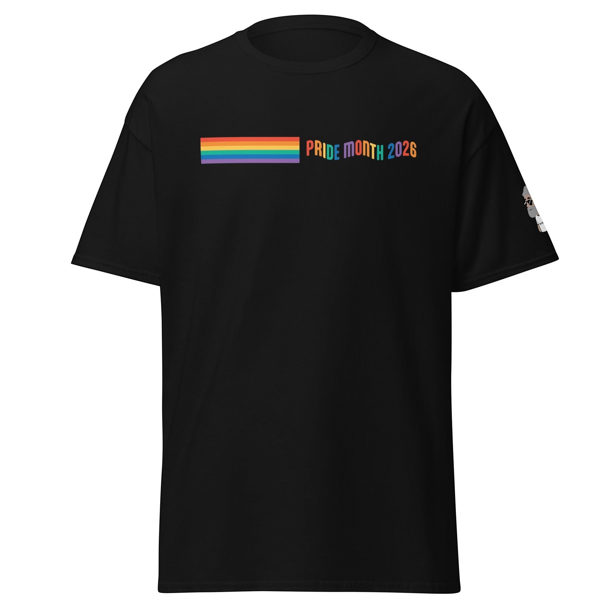 Big Daddy Allen Productions black cotton t-shirt with rainbow stripe and "Pride Month 2026" text.
