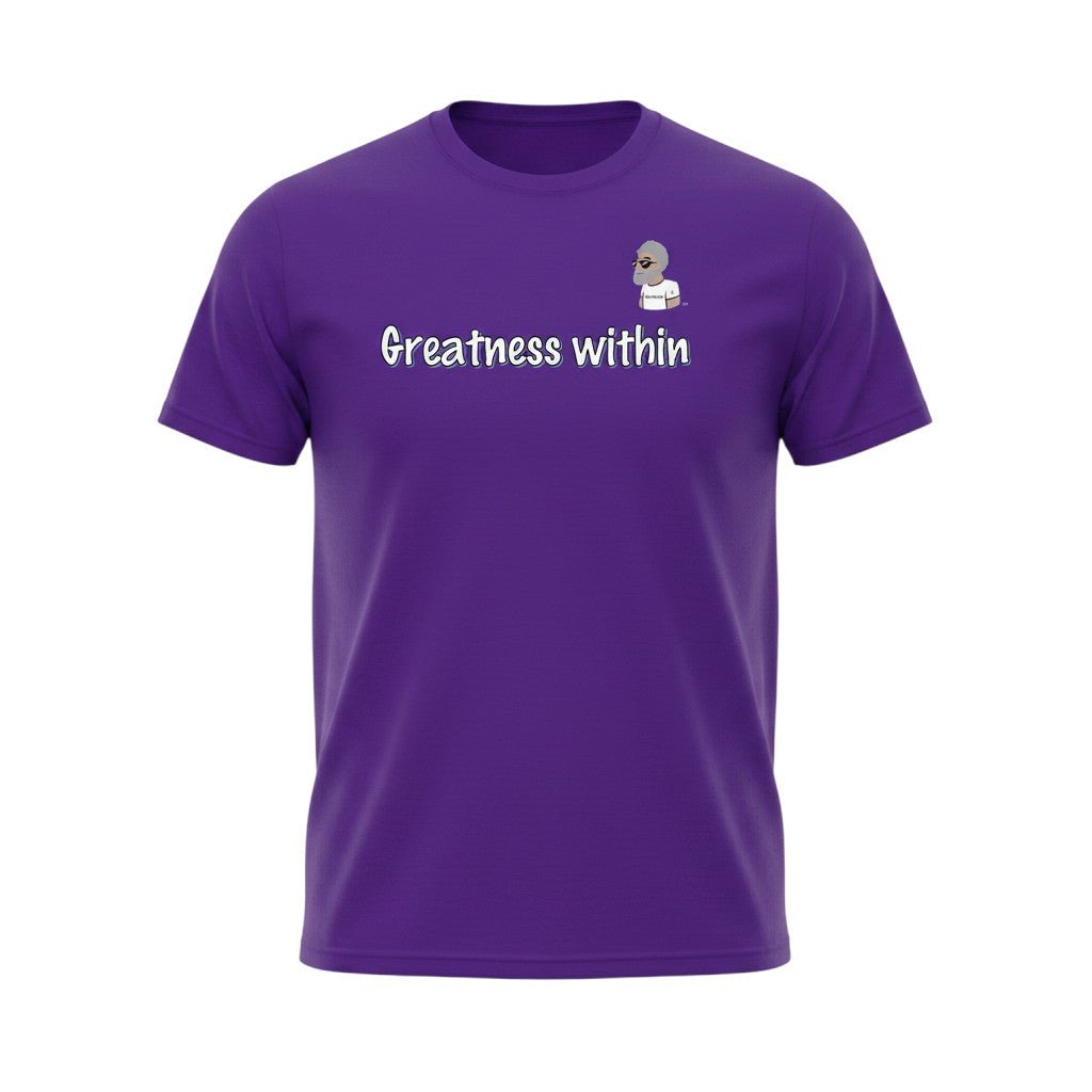 Big Daddy Allen Productions purple cotton t-shirt with "Greatness within" graphic and BDA logo.