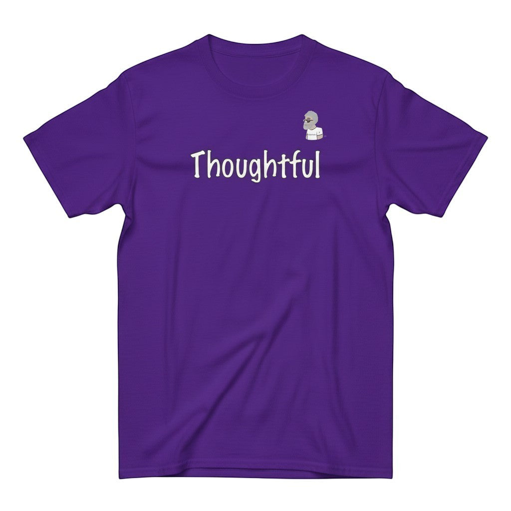 Big Daddy Allen Productions purple 100% cotton unisex graphic t-shirt with "Thoughtful" text and a small cartoon man graphic.