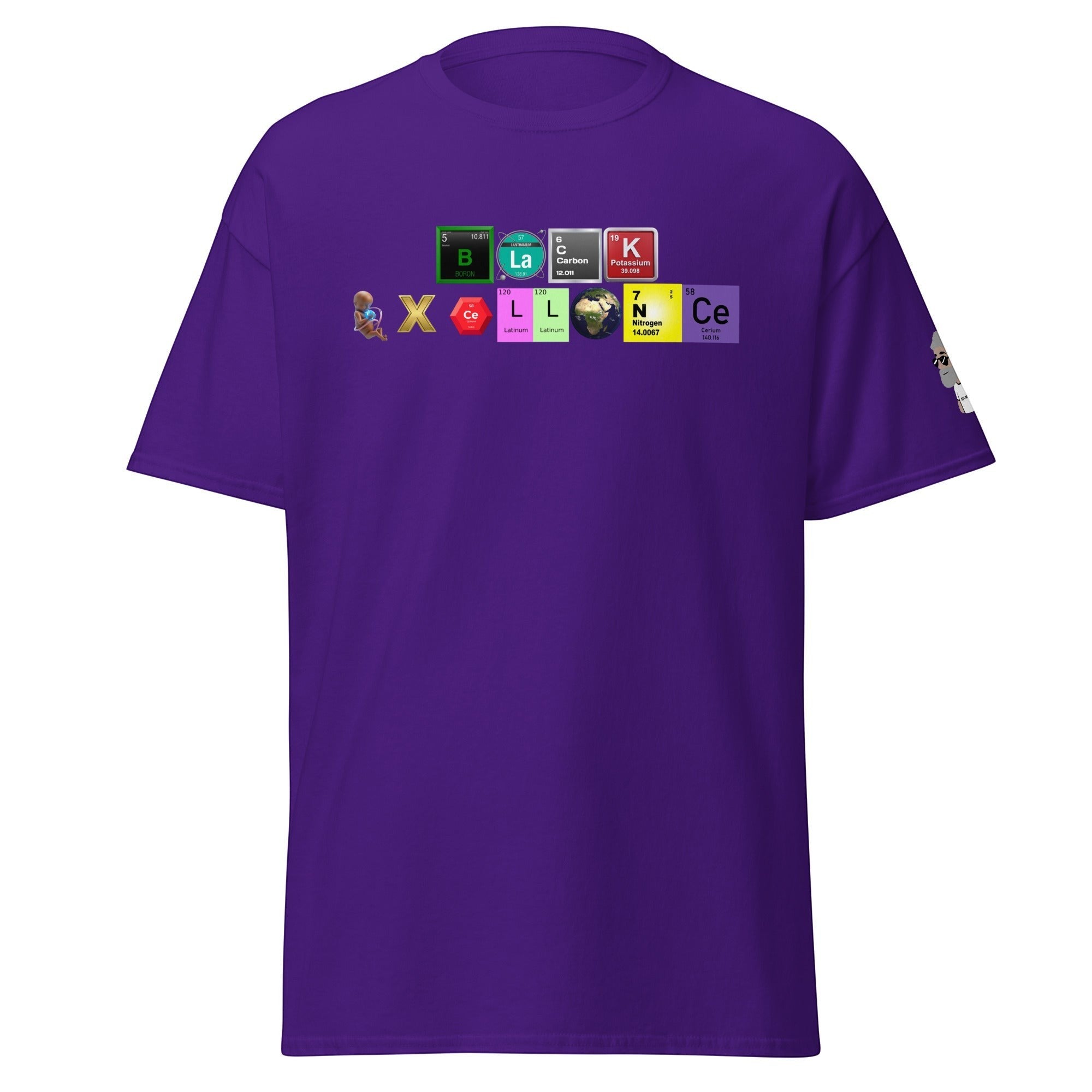 Big Daddy Allen Productions purple graphic tee featuring a periodic table design spelling Black Excellence