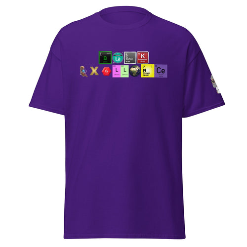 Big Daddy Allen Productions purple graphic tee featuring a periodic table design spelling Black Excellence