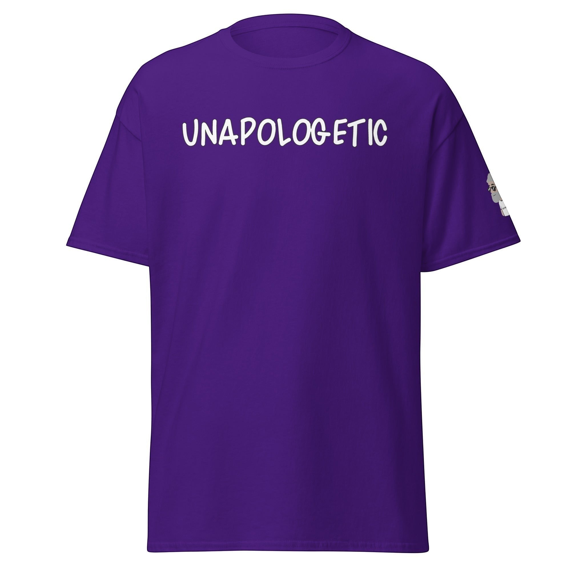 Big Daddy Allen Productions purple Unapologetic graphic t-shirt with white chest text and sleeve detail