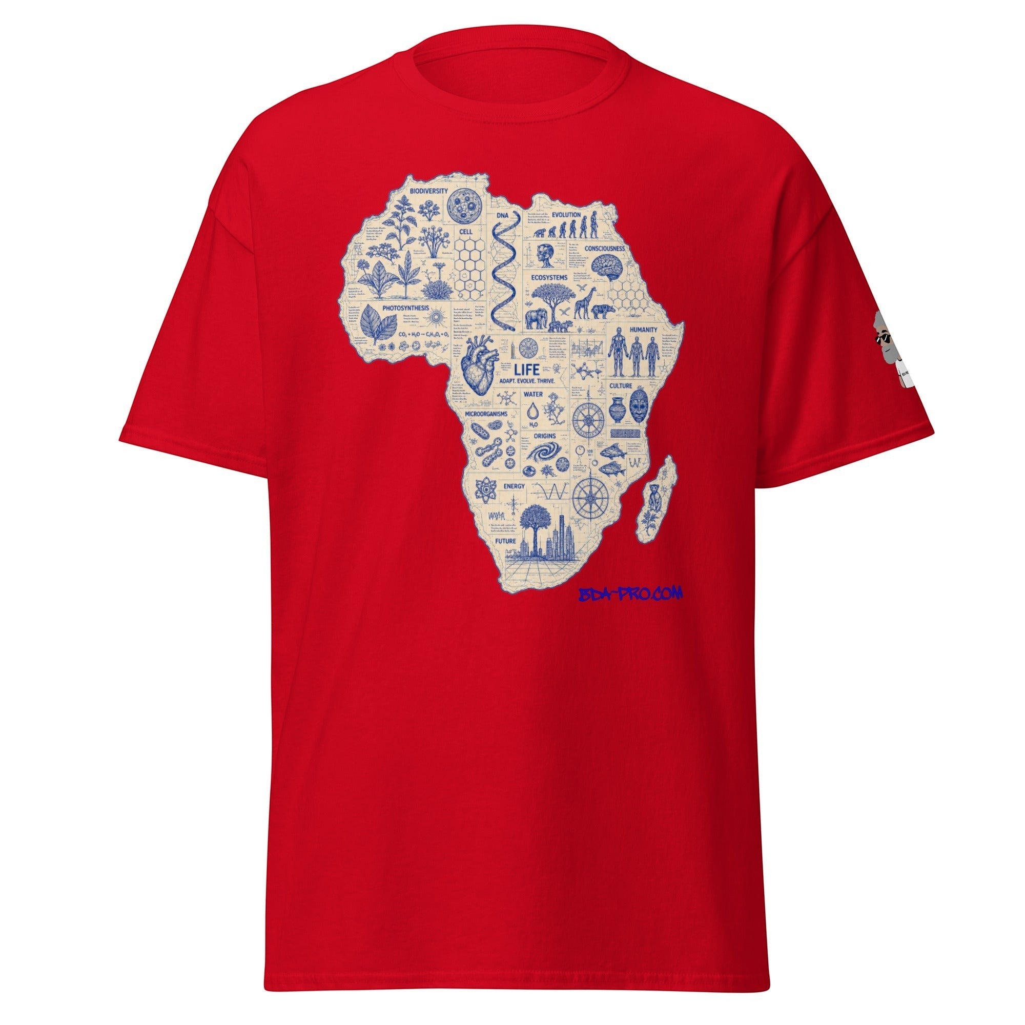 Big Daddy Allen Productions red cotton t-shirt featuring a blue blueprint graphic of the African continent.