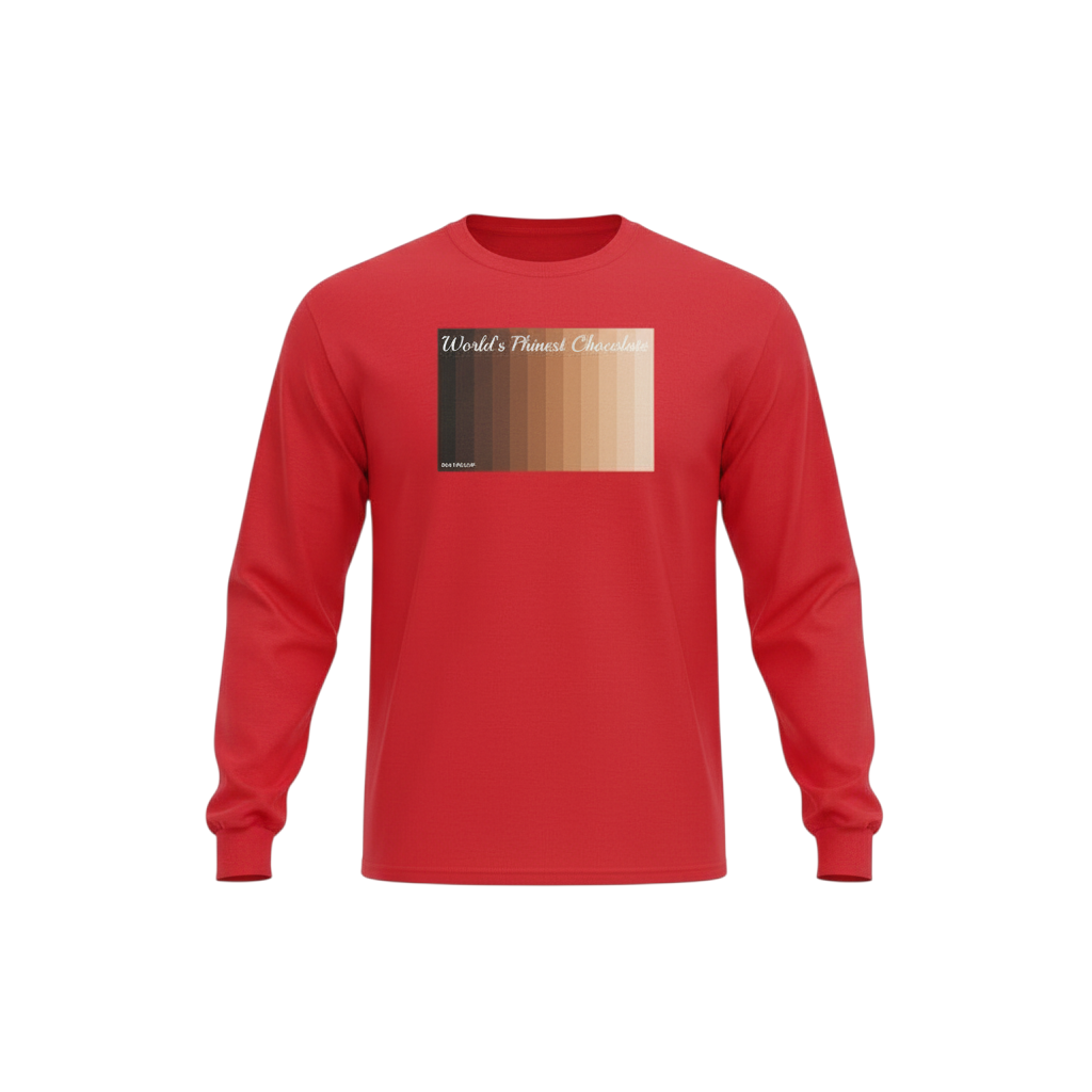 Big Daddy Allen Productions red long-sleeve t-shirt featuring a World's Phinest Chocolate skin tone gradient graphic.