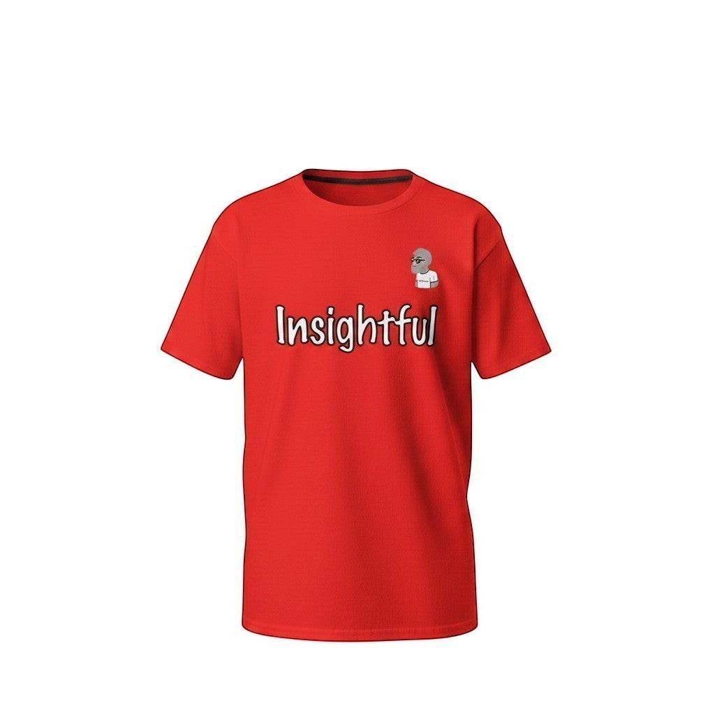 Big Daddy Allen Productions red cotton graphic t-shirt with "Insightful" text and BDA logo.