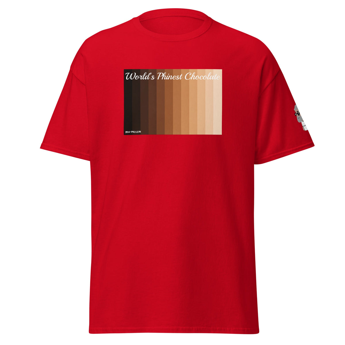 Big Daddy Allen Productions red crew neck t-shirt featuring a skin tone gradient graphic and World's Phinest Chocolate