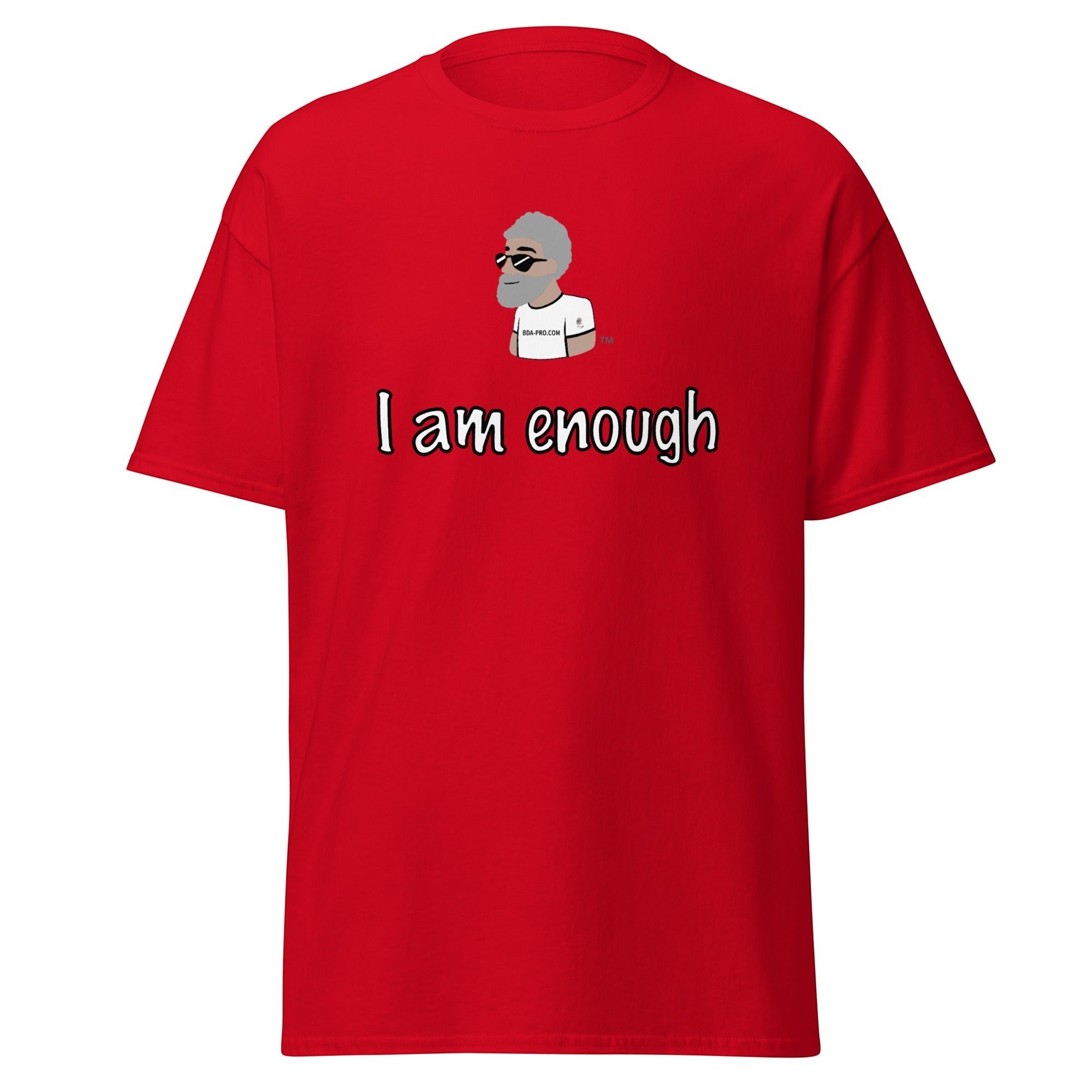 Big Daddy Allen Productions red cotton t-shirt with graphic I am enough and BDA logo