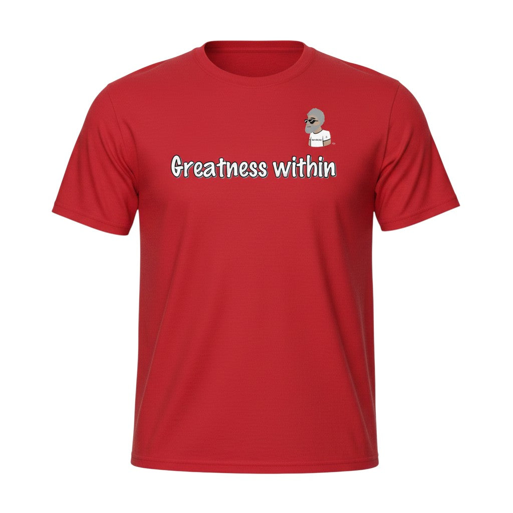 Big Daddy Allen Productions red cotton graphic t-shirt with "Greatness within" text and BDA logo.