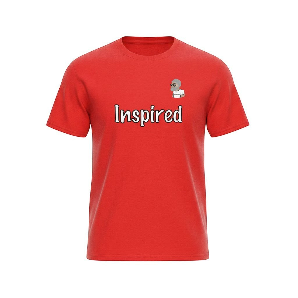 Big Daddy Allen Productions red cotton graphic t-shirt with "Inspired" text and BDA logo.