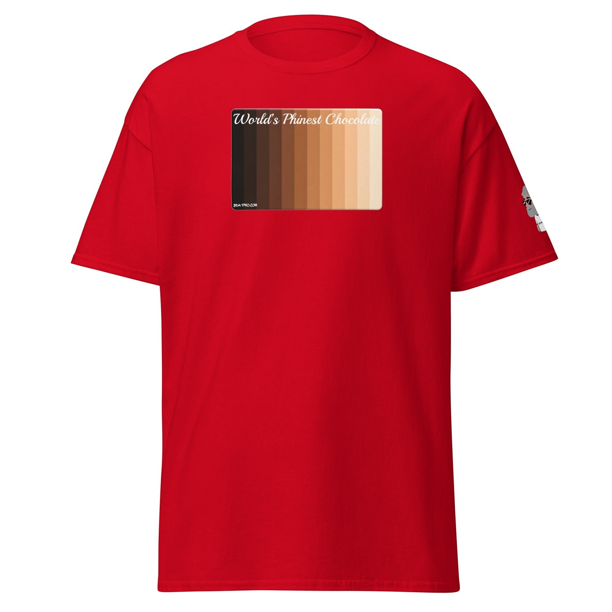 Big Daddy Allen Productions red crew neck t-shirt featuring a skin tone gradient graphic and World's Phinest Chocolate