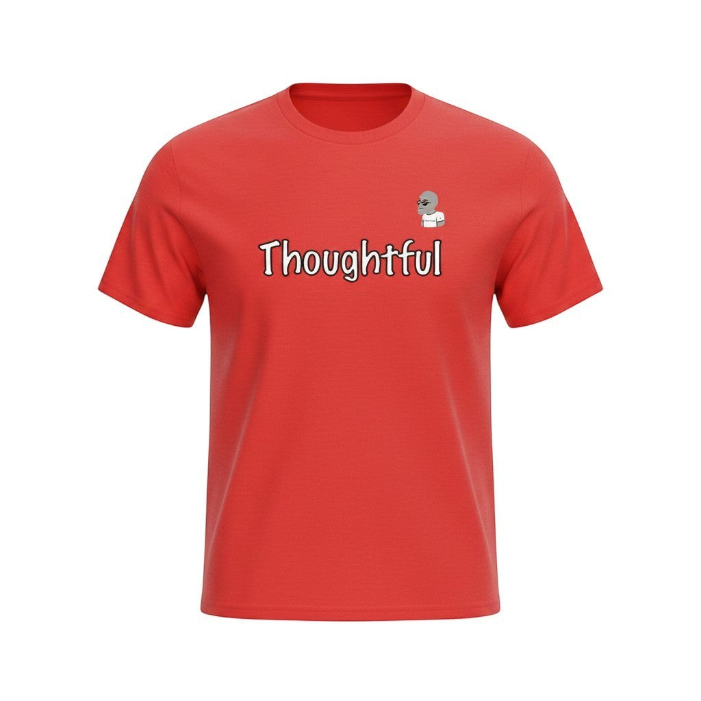 Big Daddy Allen Productions red cotton t-shirt with "Thoughtful" graphic and BDA logo.
