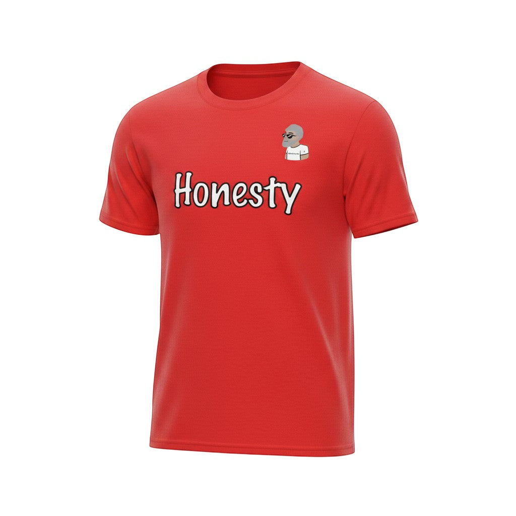 Big Daddy Allen Productions red 100% cotton kids t-shirt with "Honesty" graphic and BDA logo.