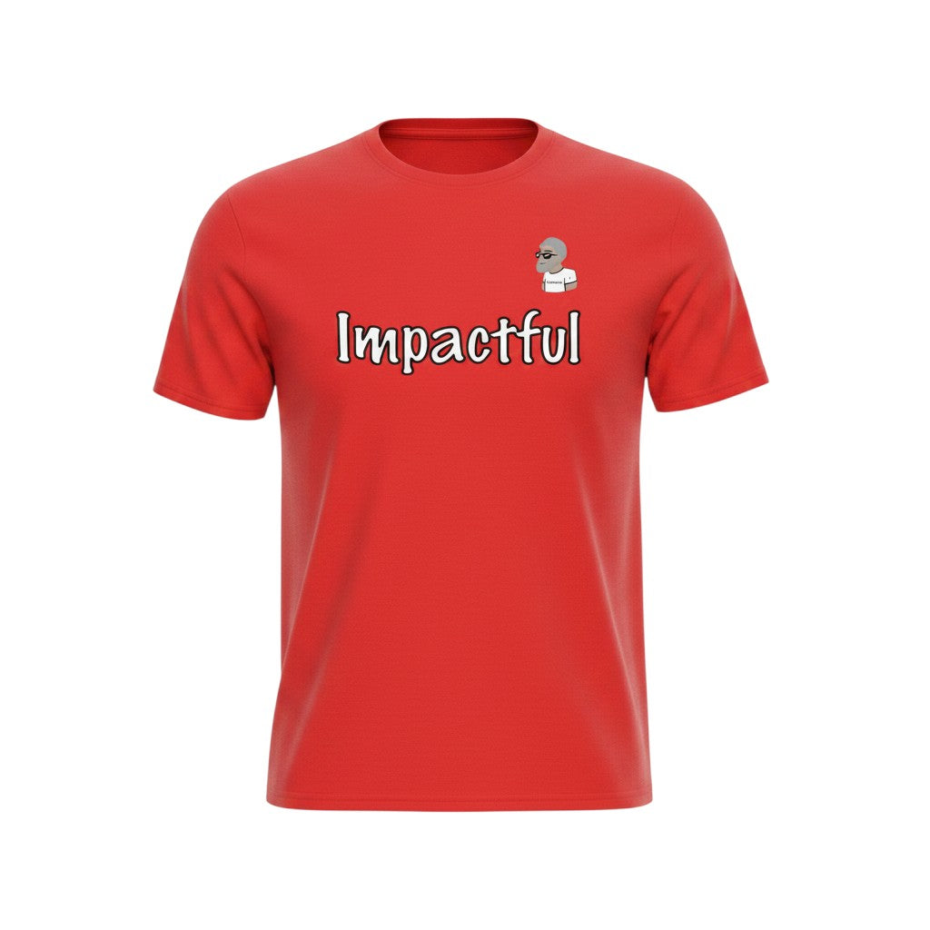 Big Daddy Allen Productions red cotton t-shirt with white "Impactful" graphic and BDA logo.