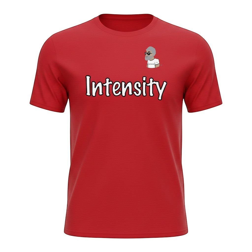 Big Daddy Allen Productions red cotton t-shirt with "Intensity" graphic and BDA logo