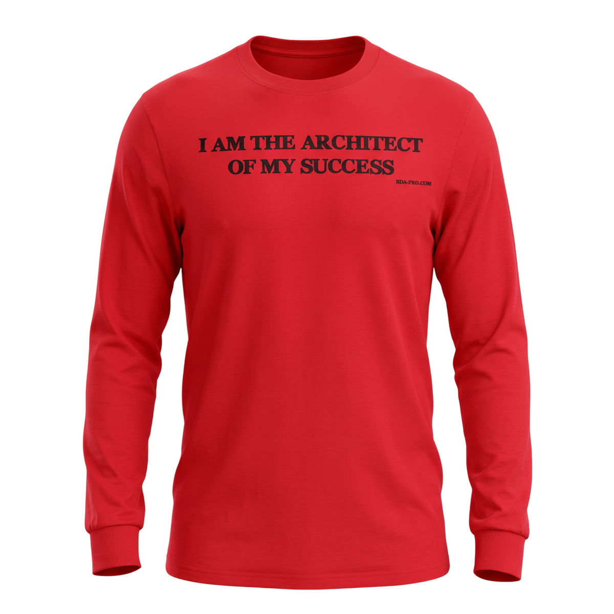 Big Daddy Allen Productions red long sleeve t-shirt with black text reading I AM THE ARCHITECT OF MY SUCCESS